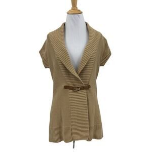 Chaps Cardigan Women S Small Stone Linen Blend Knit Fold Over Lapel Belted Tunic
